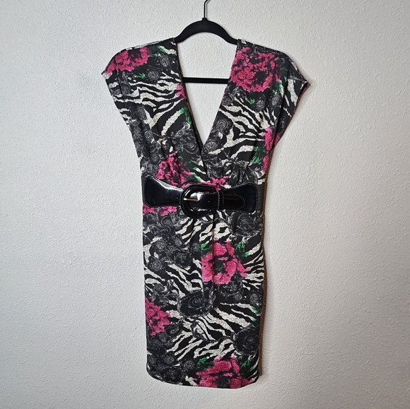 Vtg Wet Seal Dress Sz XL Y2K Zebra Pink Rose V Neck Mini Sheath Retro Belted - Picture 1 of 8